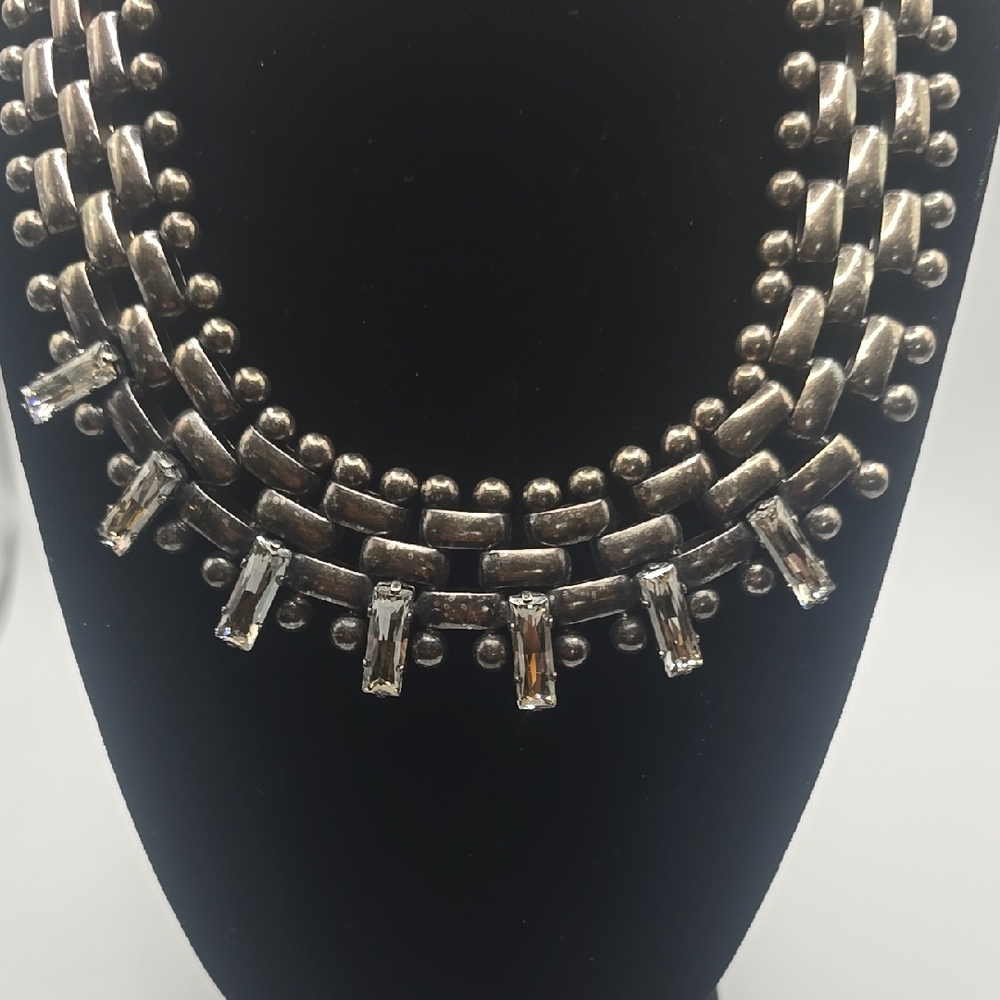 Janis Savitt Silver Necklace with Crystal Accents Bib Choker